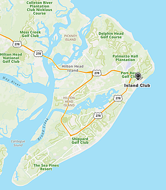 Showing location of the Island Club on Hilton Head Island map